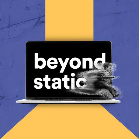 open laptop with the words beyond static displayed and a man running across the keyboard in a blur