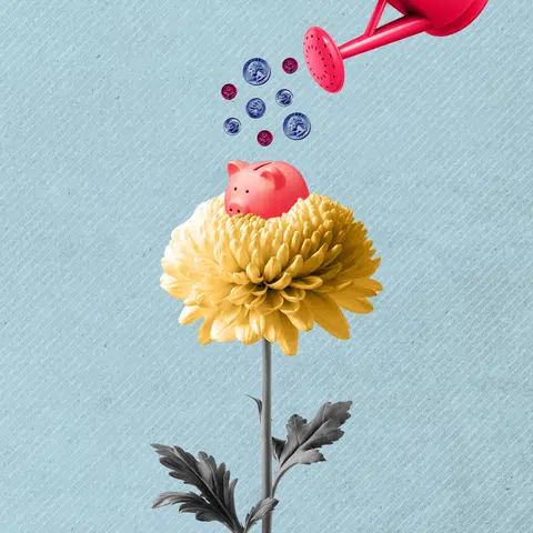 a flower with a piggy bank sitting in the middle of the bloom and a watering can sprinkling coins onto it