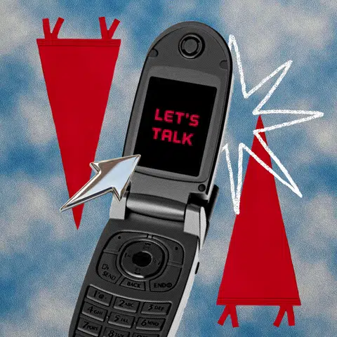 image with a sky background with red flags and a flip phone with a text that says "it's over, sorry"