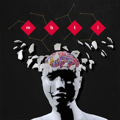adult head with skull expanding in pieces exposing the brain with the letters m b t i in red rectangles