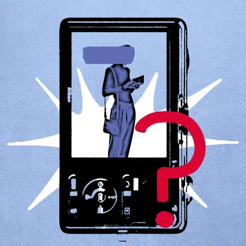 person in camera viewfinder with a large red question mark over it