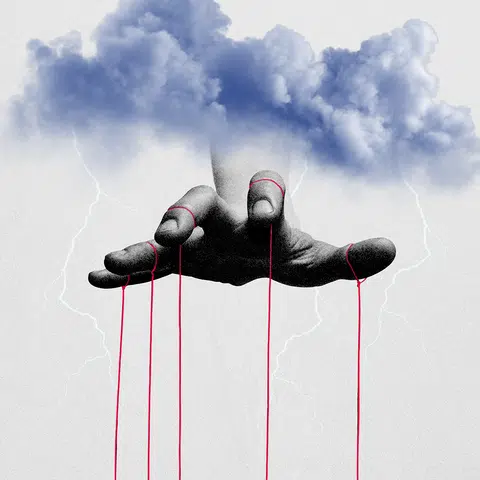 A hand reaching out of the clouds in the sky with a puppet string attached to each finger