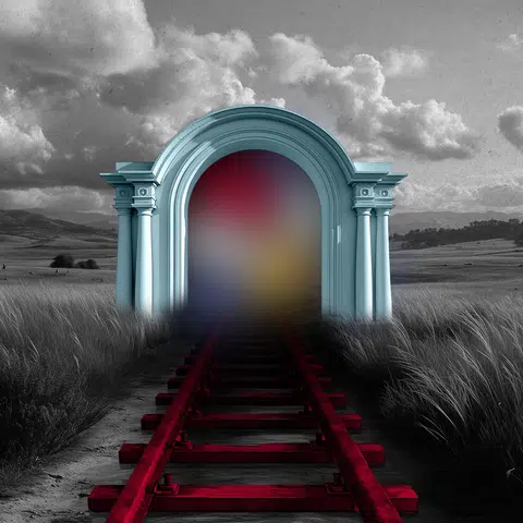 prairie with a railroad track disappearing into the fog as it passes through an ornate white stone arch