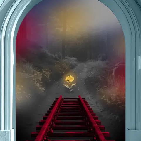 a stone arch with a railroad track going through it and off into a distant fog with a gold flower in the distance over the track