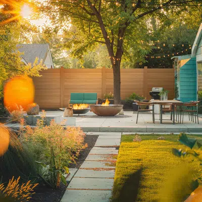 backyard with firepit surrounded by a Catalyst fence