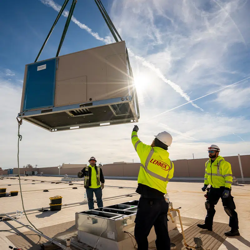 workers on a warehouse roof guiding an HVAC unit hanging from a crane
