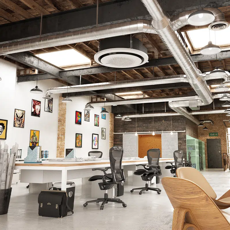 interior work space with exposed ventilation duct work