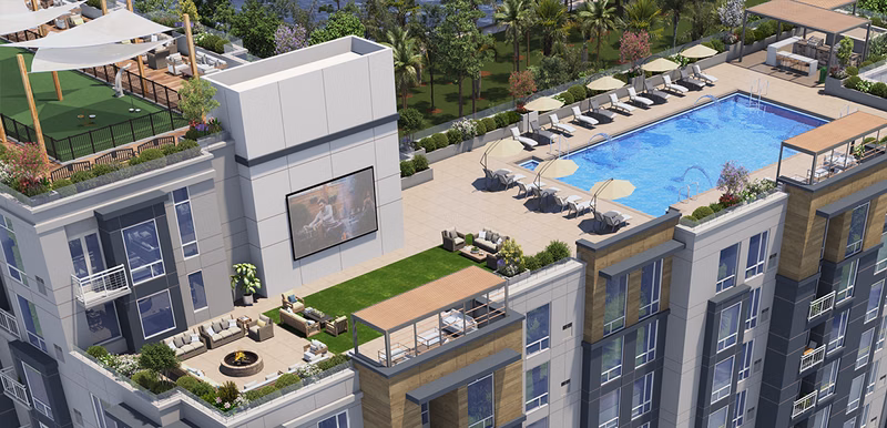 overhead view of an apartment building roof using MagicPak with a pool and lounge space