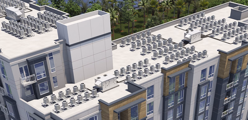 Overhead view of an apartment building roof without MagicPak covered in hvac units